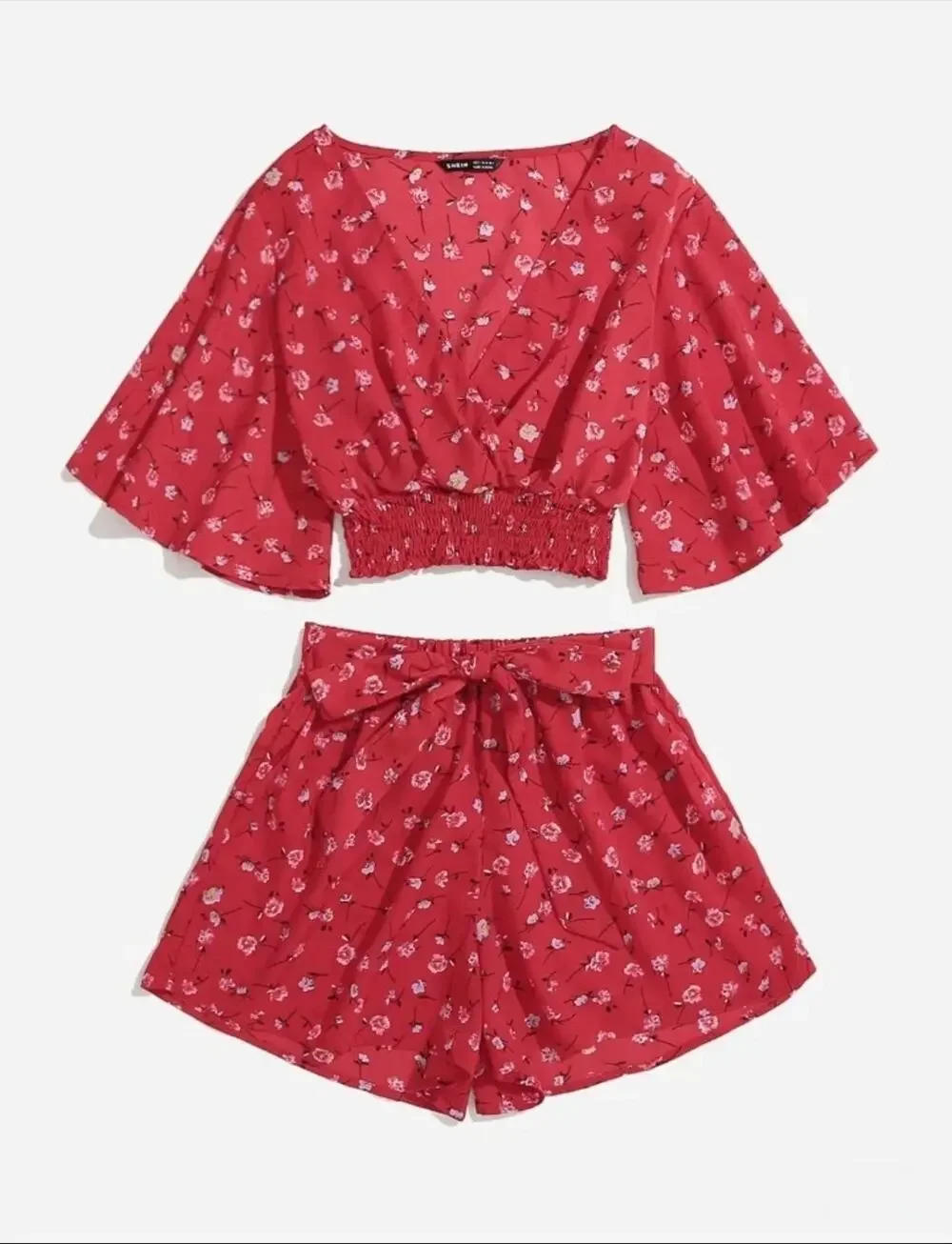 Ditsy Red Floral Surplice Front Shirred Top & Belted Shorts Spring Summer Size M